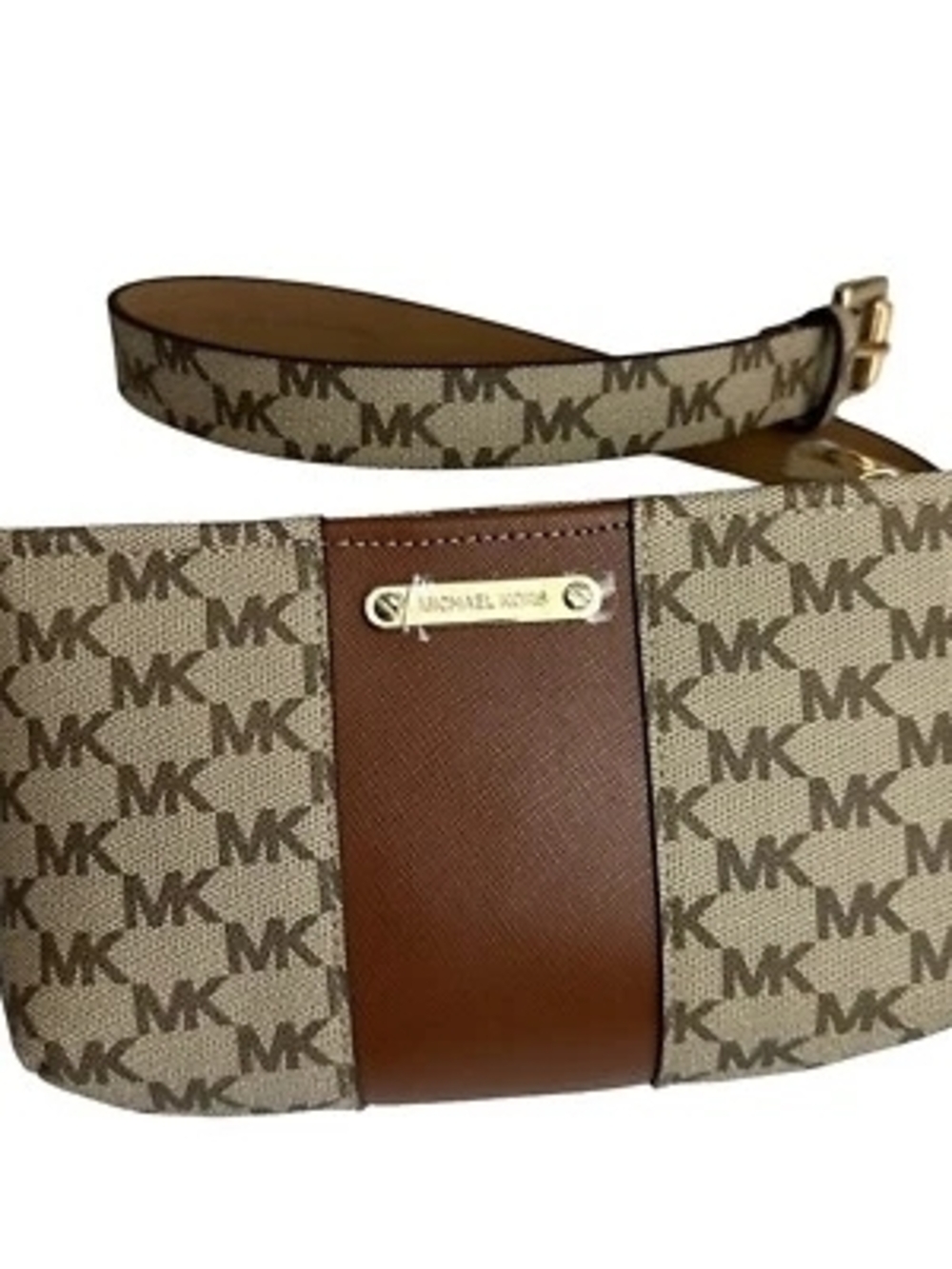 Michael Kors Beige MK Monogram Mini Bag with Brown Leather Panel